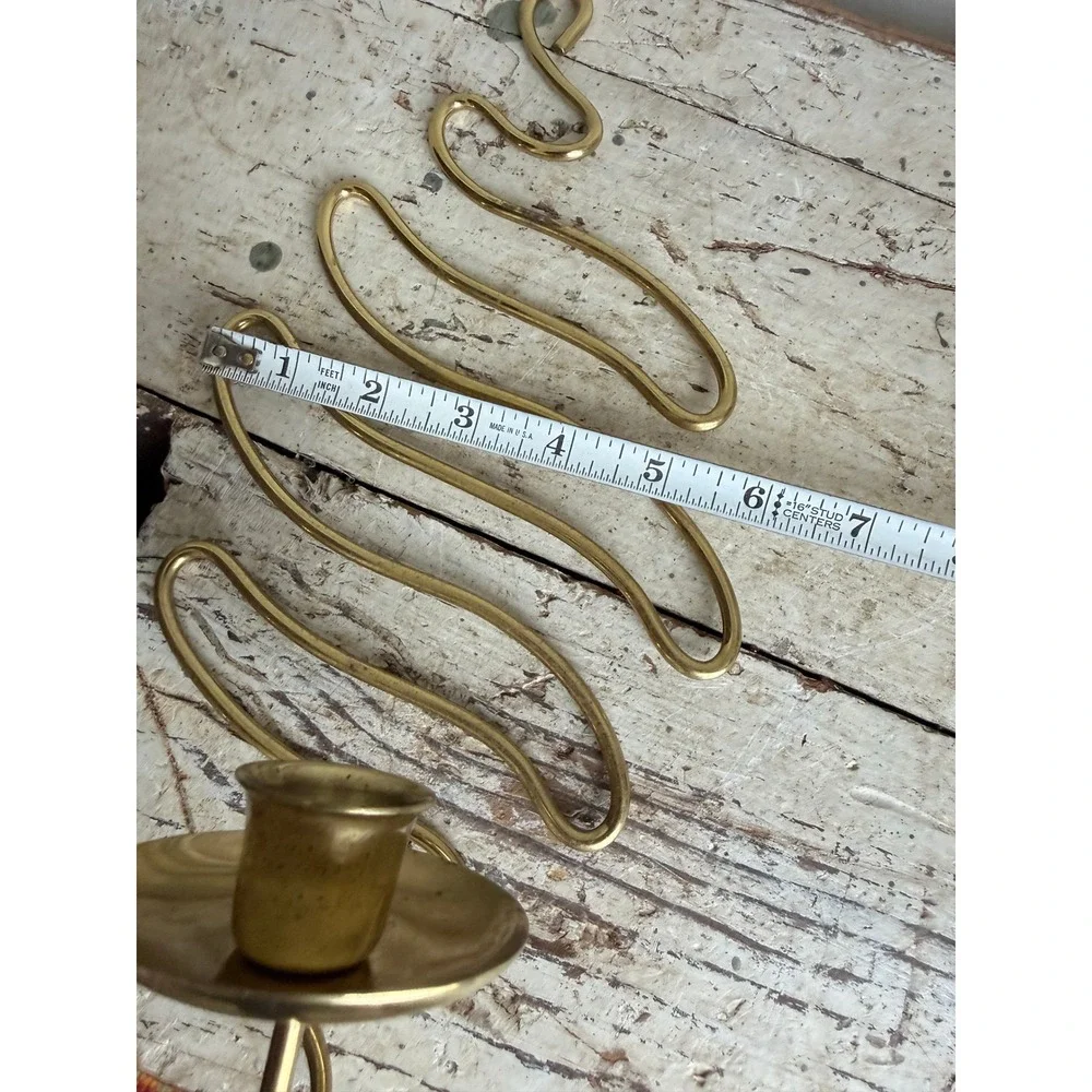 Vintage Brass Wavy Wire Wall Sconce Zig Zag Taper Candle Holder MCM Abstract